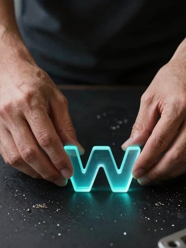 Close-up portrait framing, high-contrast twilight workshop lighting, hands bending a glowing cyan acrylic letter edge on a matte black workbench with metal filings scattered.