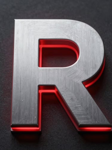 Extreme close-up of a 3D backlit metal letter glowing with a vibrant red LED edge, sharp focus on the brushed aluminum texture, dark background