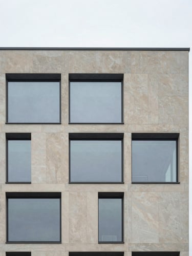 Minimalist architectural photography, clean geometric lines of a contemporary office building facade in Luxembourg, soft overcast daylight, cool slate and champagne tones, 35mm lens