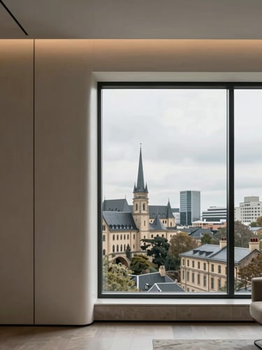 Abstract architectural lines of a luxury boardroom window looking out onto Luxembourg historic and modern skyline, soft daylight, elegant composition