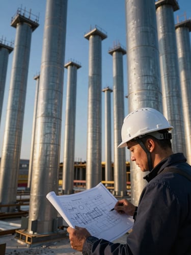 Close-up of a structural engineer in a white hard hat reviewing technical blueprints on an active construction site, massive steel columns in the background.