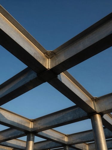 Low-angle architectural shot of heavy industrial steel beams under construction, dramatic daylight casting sharp shadows, high-contrast metallic textures, blue sky background.
