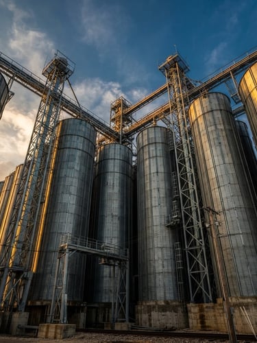 Low-angle architectural photography of a massive metallic grain silo complex under bright daylight, sharp focus, industrial steel beams.