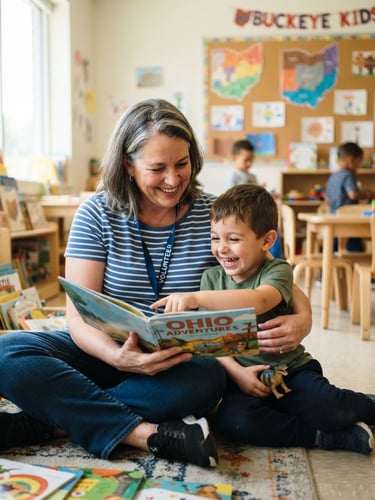 Candid medium shot of a cheerful volunteer reading a book with a young boy in a colorful Ohio community center classroom, warm natural daylight, bright friendly atmosphere