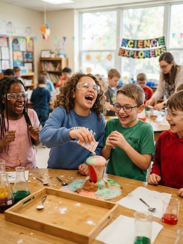 Candid medium shot of diverse Midwestern children laughing during a messy science experiment in a bright Ohio classroom, natural daylight, shallow depth of field