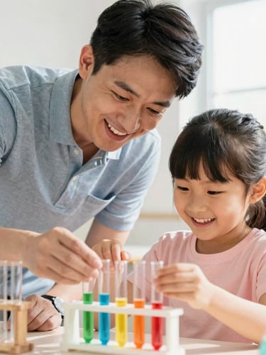 Candid medium shot of a smiling mentor guiding a young girl through a colorful hands-on STEM science experiment with test tubes, bright natural light, joyful expressions