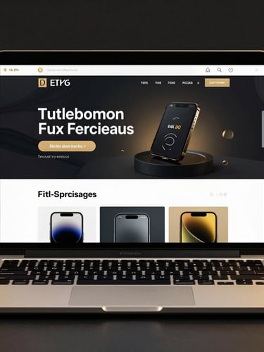 Front-facing close-up of an Apple-style laptop mockup displaying a high-fidelity dark-mode e-commerce interface with subtle gold highlights and sharp typography, set against a dark studio background with golden rim lighting.