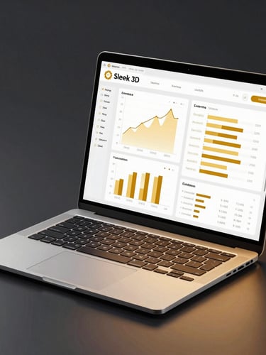 Sleek 3D laptop mockup on a dark reflective surface, displaying a high-fidelity e-commerce dashboard with golden analytics charts, subtle warm gold rim lighting.