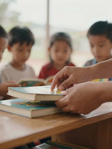 Candid close-up of a volunteer's hands organizing children's books on a low wooden shelf, soft natural daylight, warm clay tones, shallow depth of field, documentary style.