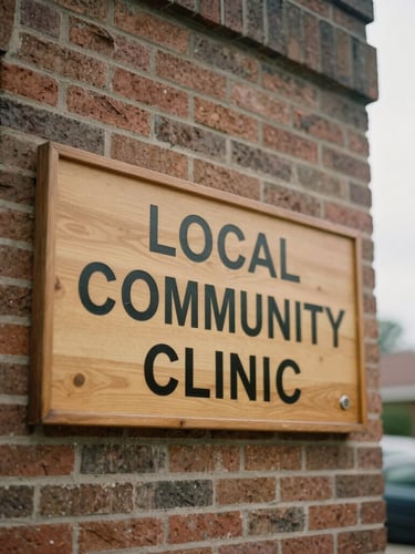Candid documentary shot of a local community clinic storefront in overcast daylight, a warm wooden sign on the brick wall, shallow depth of field, 35mm film style.