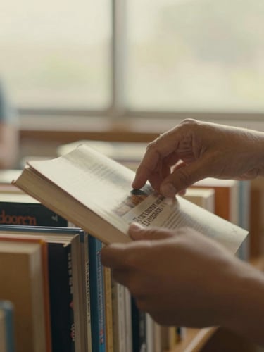 Candid documentary-style close-up of hands sorting books for a local classroom library, warm golden hour light, shallow depth of field