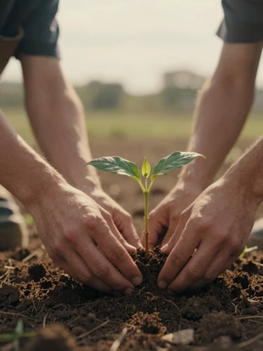 Candid close-up of hands planting a small sapling in dark soil, warm golden hour light, cinematic 35mm film look