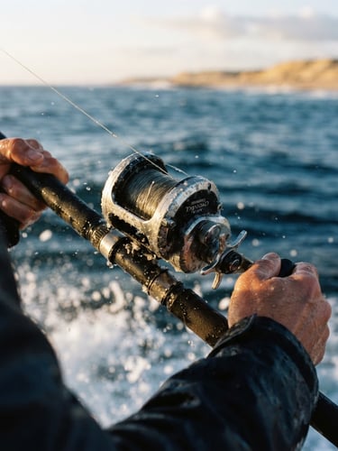 Close-up of a wet fishing reel with salt spray, early morning coastal light, deep ocean blues, authentic marine photography, 35mm