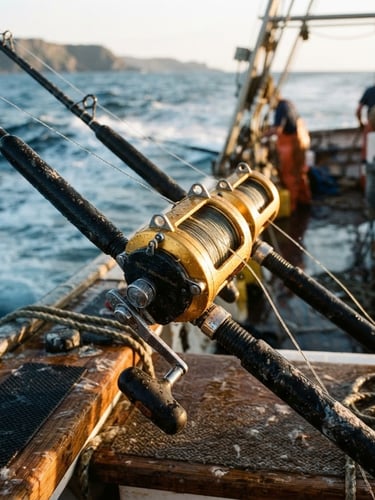 Authentic marine photography, close-up of wet fishing reels and rods with sea spray on deck, early morning golden light, 35mm