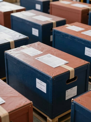 A wide shot of custom-built export crates being sealed and labeled with shipping documents inside a modern, well-lit warehouse, natural directional light, sharp focus.