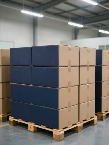 Wide-angle view of a clean, modern manufacturing plant floor with neatly stacked pallets of corrugated boxes, high-contrast industrial lighting, professional setting