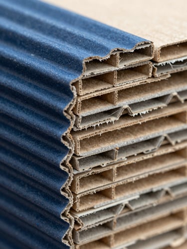 Macro photograph of heavy-duty 5-ply corrugated cardboard cross-section, showing distinct flute profiles, sharp technical lighting, industrial blue tones, 35mm