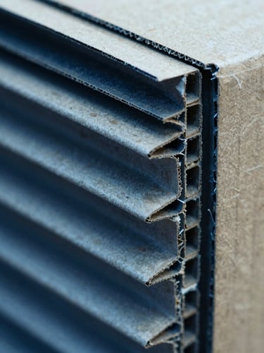 Macro close-up showing the structural fluting of heavy-duty 7-ply corrugated cardboard, sharp technical lighting with cool blue tones, raw kraft paper texture, 35mm