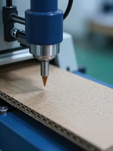 Close-up of industrial testing equipment measuring burst strength on a corrugated board sample, cool blue lighting