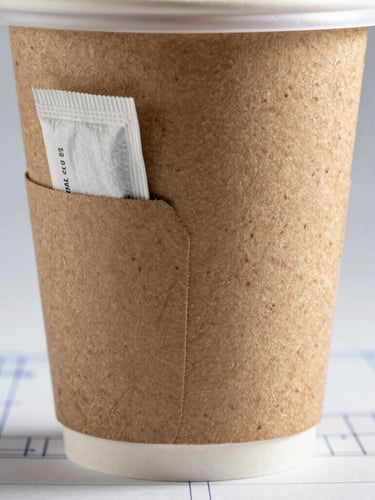 Macro technical studio shot of a 300g Kraft liner coffee cup, showing the precise die-cut pocket on the side containing a wrapped sugar packet and stirrer, clean shadows, blueprint lines in background