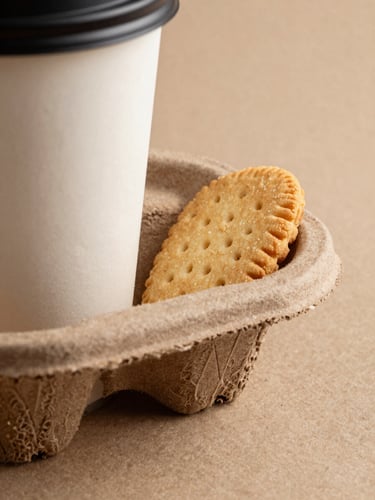 Technical studio photograph of the double-walled coffee cup, showing a close-up of the integrated compartment holding a biscuit, clean shadows defining the die-cut edges against the raw Kraft paper background.