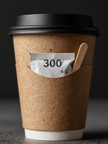 Macro studio shot of a 300g Kraft liner coffee cup, high contrast lighting, showcasing the physical depth of the integrated die-cut pocket holding a sugar packet and stirrer, dark background.