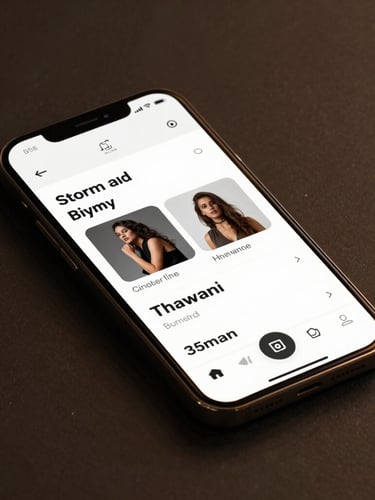 Sleek mobile UI mockup of Storm and Thawani apps displayed on a modern smartphone screen, low-key moody studio lighting with warm bronze-gold reflections, clean dark background, macro close-up, 35mm