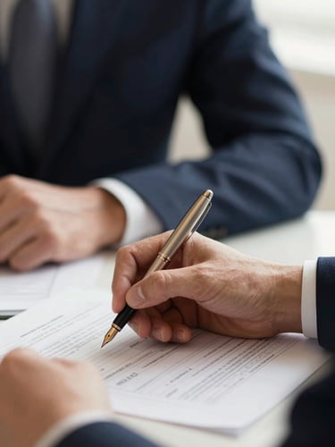 Close-up of professional hands holding a fountain pen over clean financial printouts, soft warm champagne and deep navy tones, office daylight, shallow depth of field