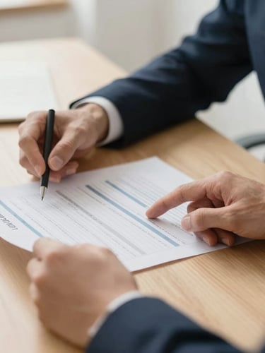 Close-up of professional hands analyzing structured financial reports on a clean wooden desk, warm champagne tones, soft indoor daylight, shallow depth of field, 35mm