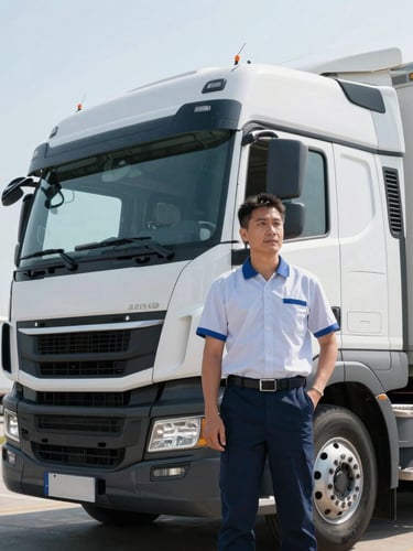 A professional commercial driver in a clean uniform sitting in a modern truck cab, looking out with a confident expression, bright morning daylight.