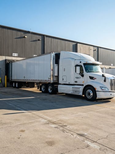 A clean commercial freight truck parked at a modern Lancaster loading dock, crisp morning daylight casting long shadows, sharp focus, professional industrial photography.