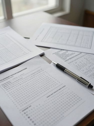 Wide overhead shot of forensic evaluation notes, standardized psychological test protocols, and a pen resting on a scored response sheet, diffused north-facing window light, muted documentary palette