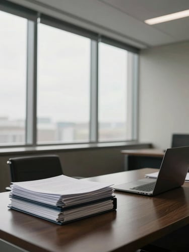 Wide shot of a formal professional office interior, a desk with stacked legal folders and a closed laptop in the foreground, tall window with diffused northern light casting even shadows across the room, no people visible, austere and precise atmosphere