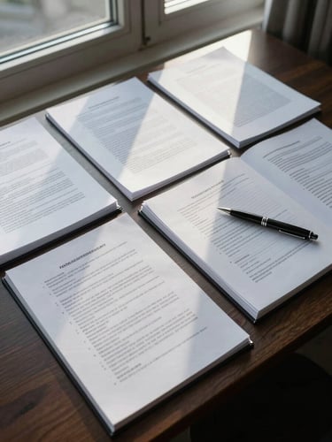 Overhead view of a professional desk, forensic psychological case notes and legal documents arranged precisely under cool north-facing window light, a pen resting across an open file, no people visible