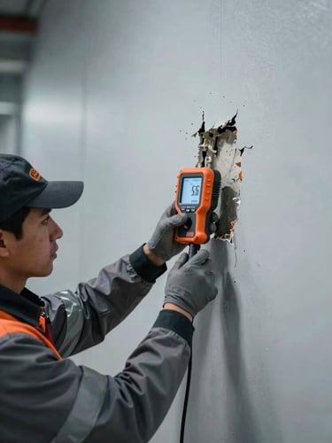 Close-up of a technician in clean, branded safety gear operating a moisture meter on a damaged wall, industrial editorial photography, dramatic overcast daylight, high-contrast cool grays with safety orange accents, sharp focus, 35mm