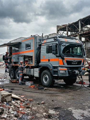 Wide shot of a staged disaster response vehicle, heavy-duty truck, industrial editorial photography, dramatic overcast daylight, high-contrast cool grays with safety orange accents, sharp focus, 35mm