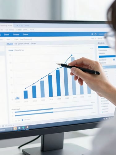 Close-up of a researcher analyzing statistical model outputs on a clean monitor, professional editorial photography, bright natural daylight, clean corporate blue tones