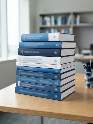 Academic books stacked neatly on a clean wooden desk, bright natural daylight, clean corporate blue and white tones, sharp focus, 35mm lens