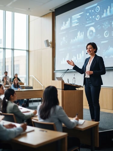 A bright, modern academic lecture hall with a professional presenter showing statistical data on a large screen, daylight pouring in, 35mm lens, sharp focus