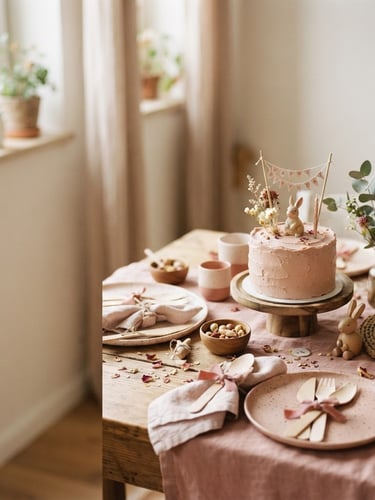 Close-up shot of a beautifully arranged children's party table, dusty pink and warm terracotta color palette, soft natural daylight, shallow depth of field, wooden and ceramic ornaments, a small cake in the center, festive but elegant. The table is positioned on the right side of the frame with ample negative space on the left.