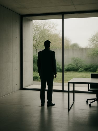 A solitary executive in a minimalist concrete and glass office, looking out at a quiet garden, overcast daylight, spacious framing.