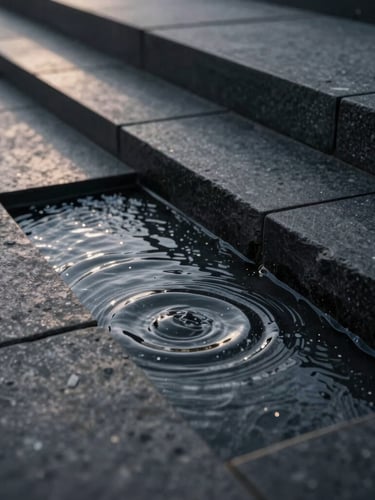 Extreme close-up of dark basalt stone with structured, geometric water ripples, soft dramatic side-lighting, clean minimalist architecture.