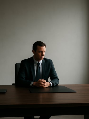 Wide architectural minimalist workspace with soft side-lighting, a single focused executive sitting at a clean dark wood desk, generous negative space, quiet atmosphere.