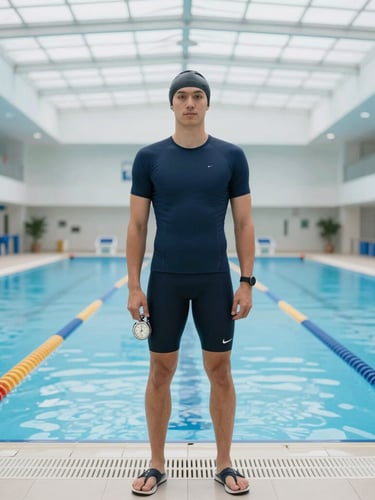 Crisp indoor pool sports photography, portrait of a professional swimming coach standing by the pool deck with a stopwatch, natural light from glass roof, 35mm