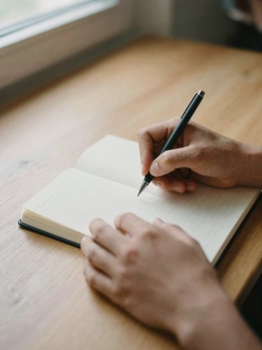 Close-up of hands writing in a journal at a clean wooden table, soft natural morning light, no faces, warm documentary photography, earthy muted tones.