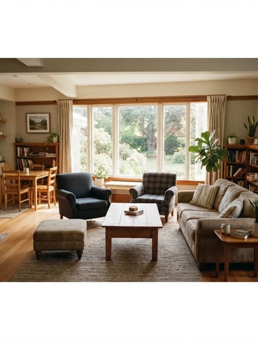 Wide panoramic shot of a sunlit, clean common living area in a recovery home, neat furniture, no people, warm natural window light, 35mm film style, shallow depth of field.