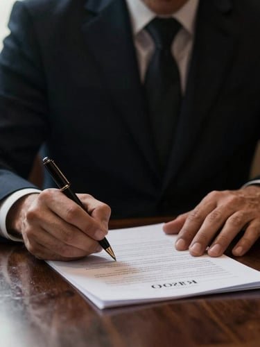 Close-up of a lawyer's hands signing legal documents on a dark wooden desk, warm low-key lighting, soft focus, prestigious atmosphere
