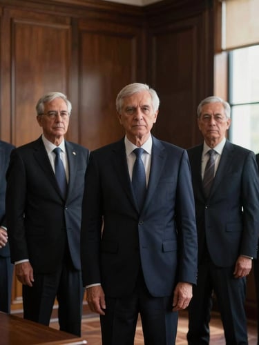Elegant portrait of a team of senior attorneys in dark formal suits standing solemnly in a classical wood-paneled law office, warm side window light, deep navy and bronze tones, shallow depth of field, 35mm