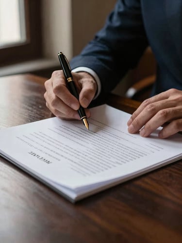 Solemn close-up of a legal document on a dark wooden desk, hands of a lawyer in a dark formal suit holding a fountain pen, dramatic side window light
