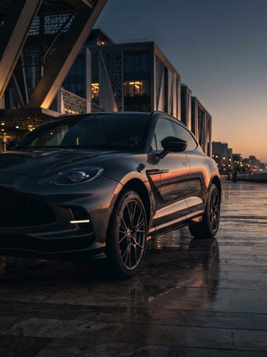 Modern, high-end SUV, dark grey metallic paint, parked elegantly in front of a modern Casablanca building with architectural lines, dramatic low-key lighting, golden hour reflection on the paint, wide angle, low perspective, bleeding to the right edge.